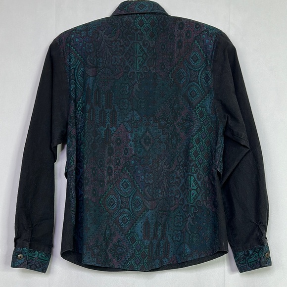 Vintage Circle T Western Cowgirl Button Black and Teal Patterned Tie Front Shirt - Picture 5 of 14